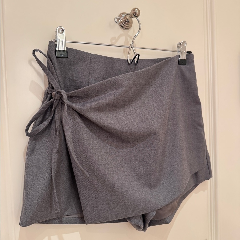 Gray Mini Skort with Wrap & Tie Detail